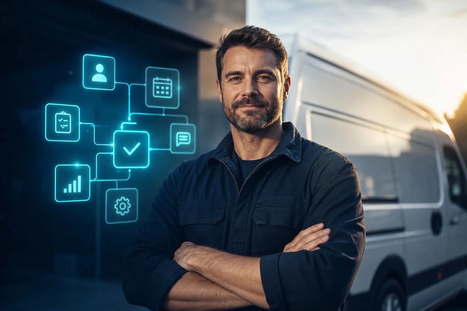 Local service business owner standing confidently with their website performing