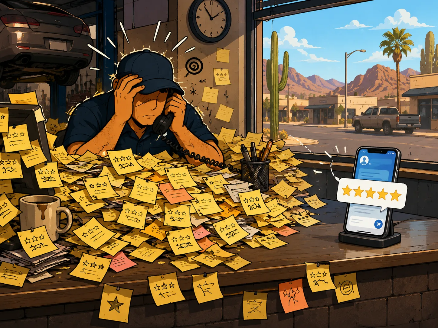 Comic of automated review requests beating the sticky-note system