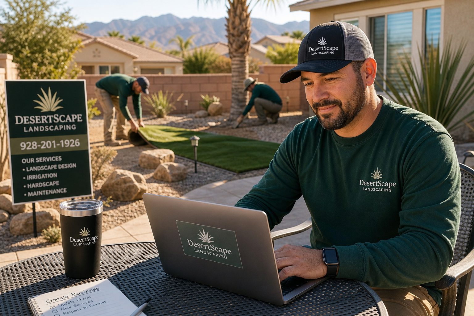Business owner working on their Google listing from a backyard patio table