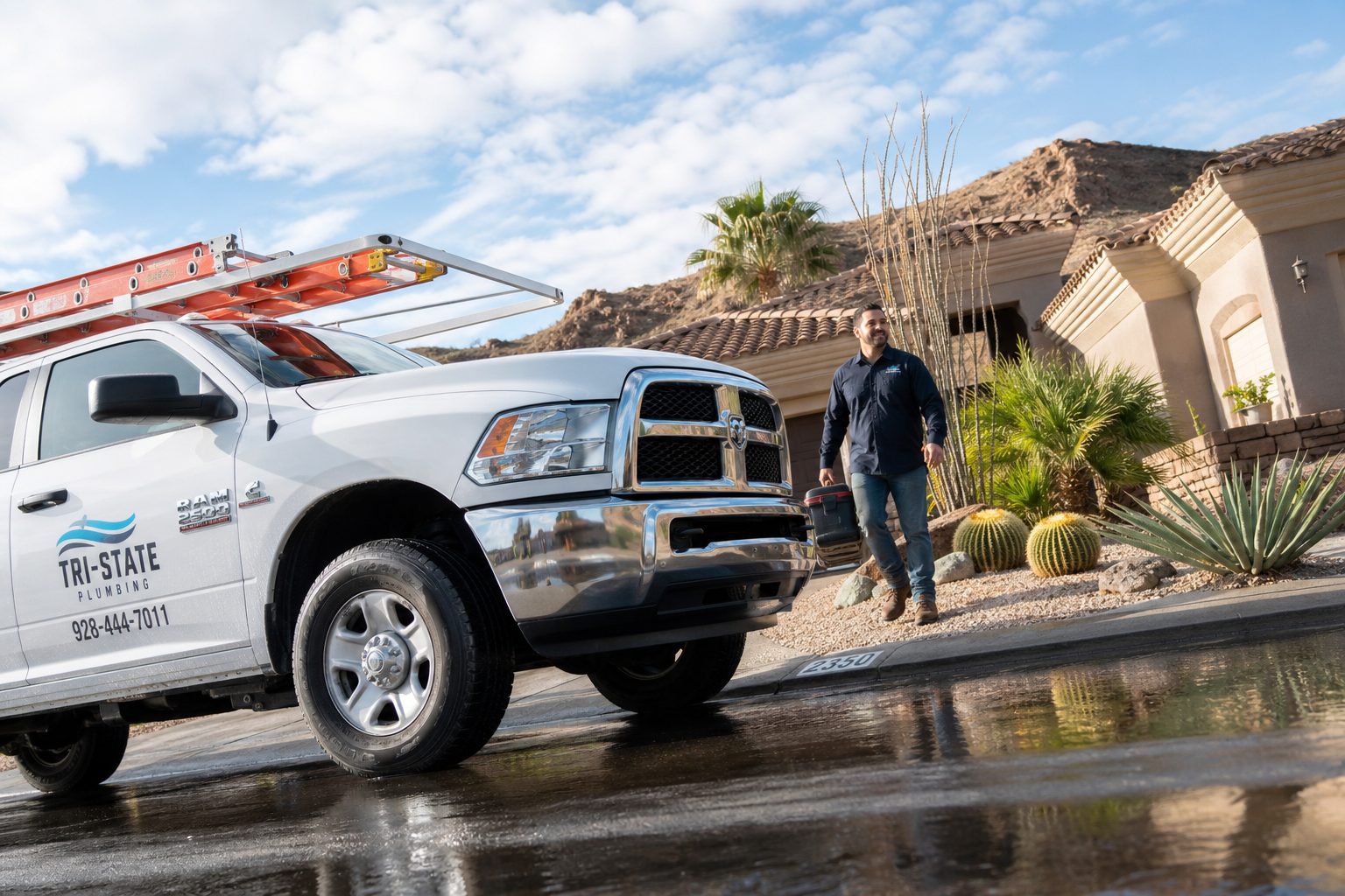 Service work truck arriving at a desert home during monsoon season