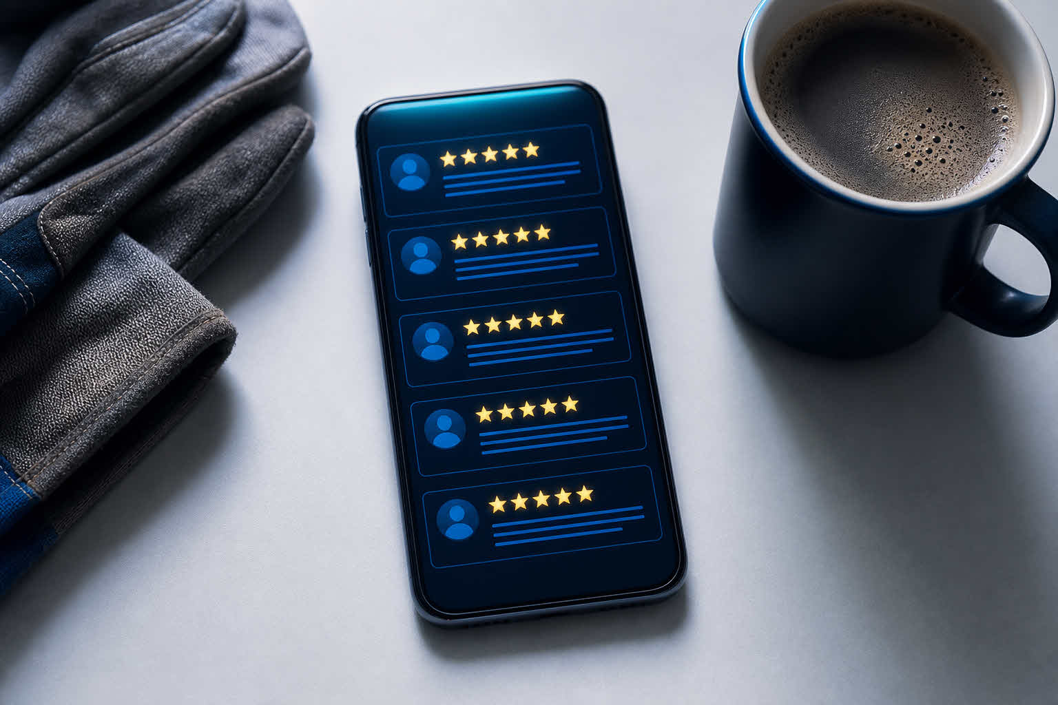 A wall of five-star Google reviews on a phone