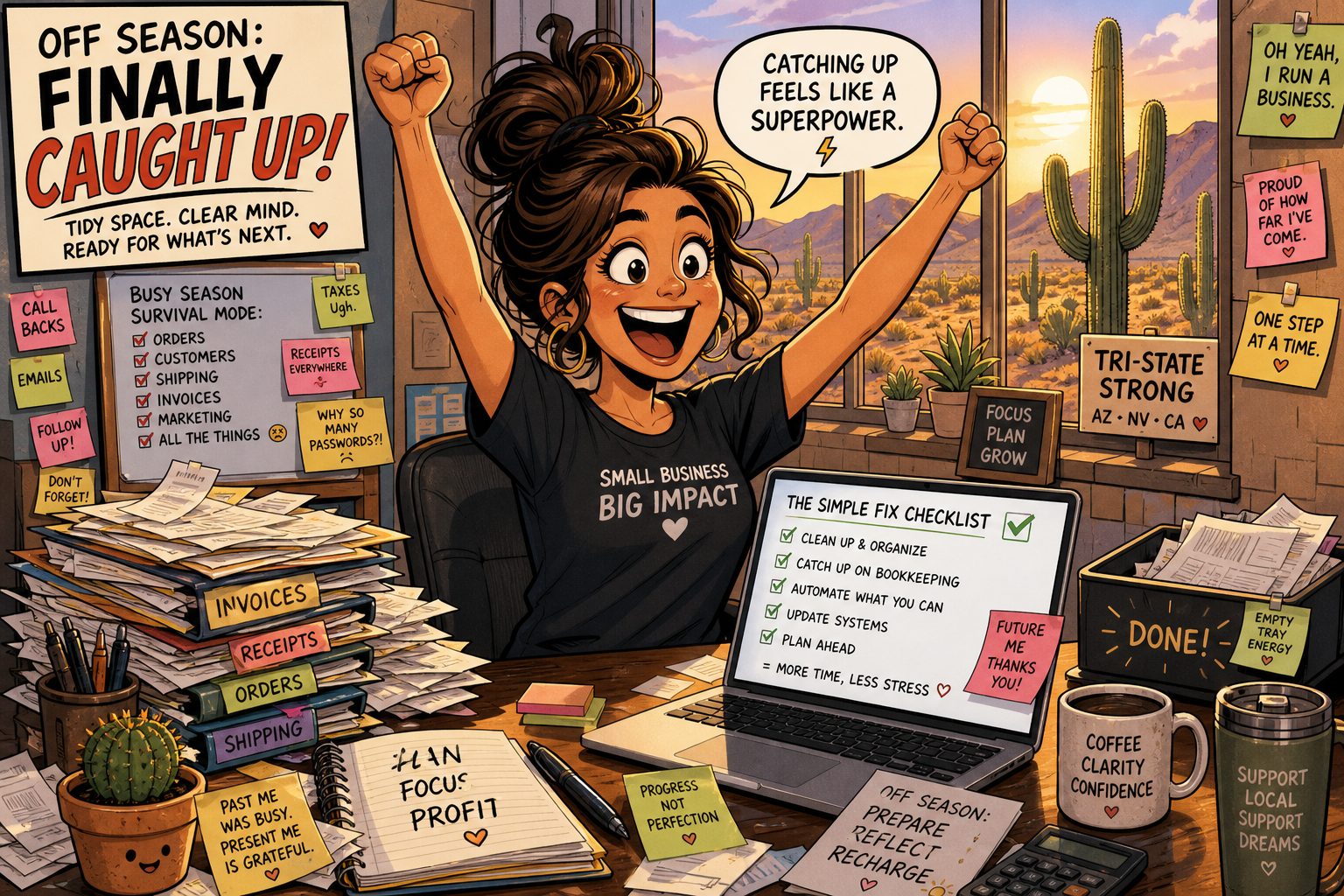 Comic-style overloaded desk of a business owner finally catching up in the off season