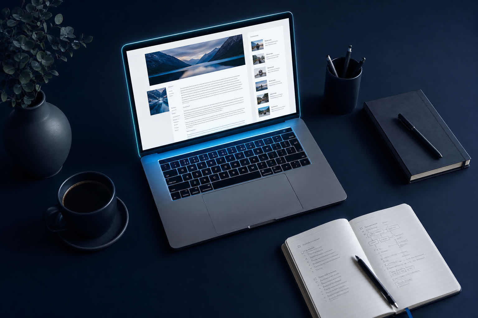 Blog article draft and content outline on a desk