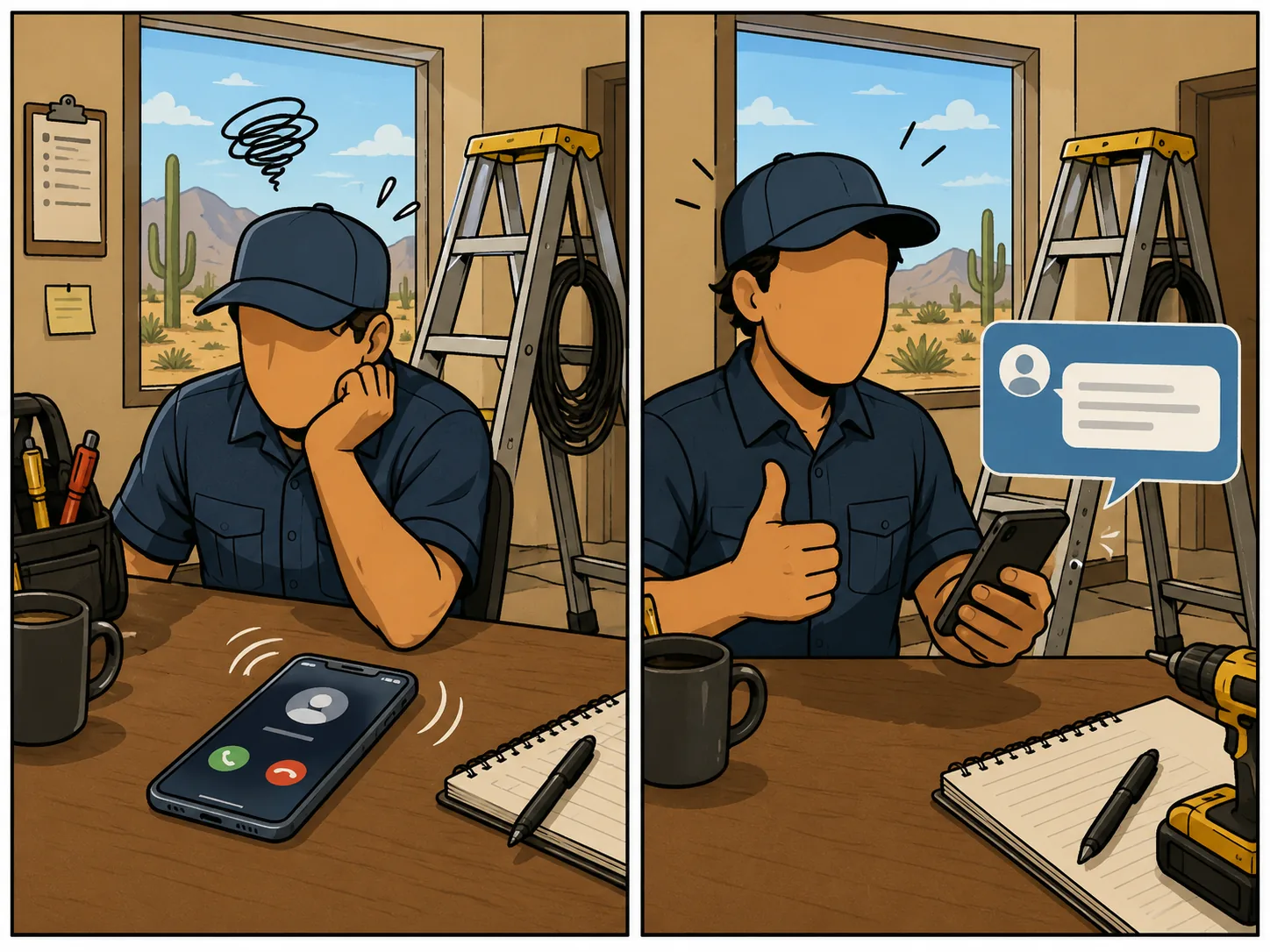 Comic of a missed call answered by auto-text, electrician marketing win
