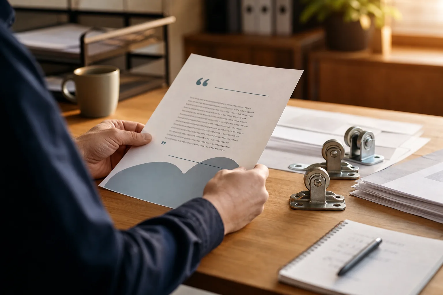 Printed garage door replacement quote being reviewed at a desk