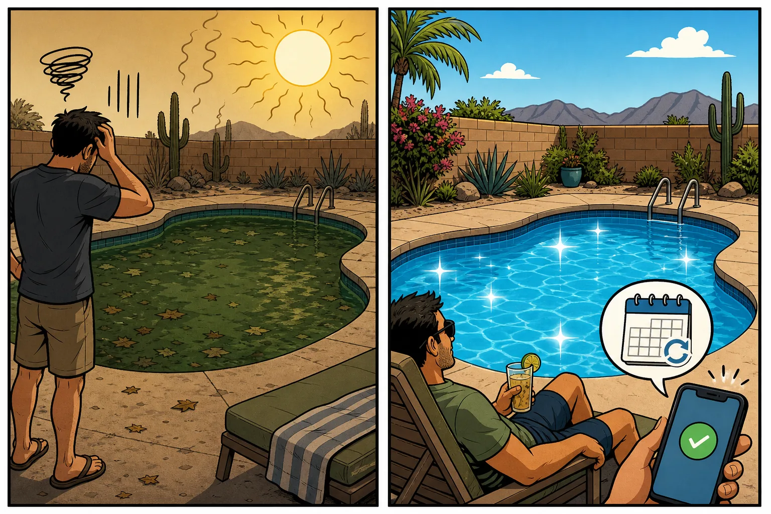 Two-panel comic of a green pool turned blue with automated reminders