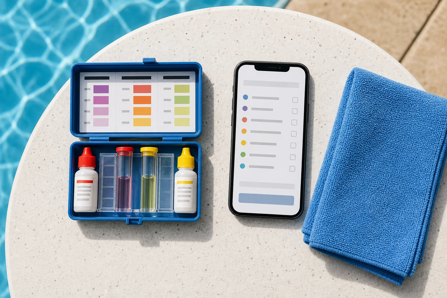 Water test kit and phone on a desk, pool company marketing flat-lay