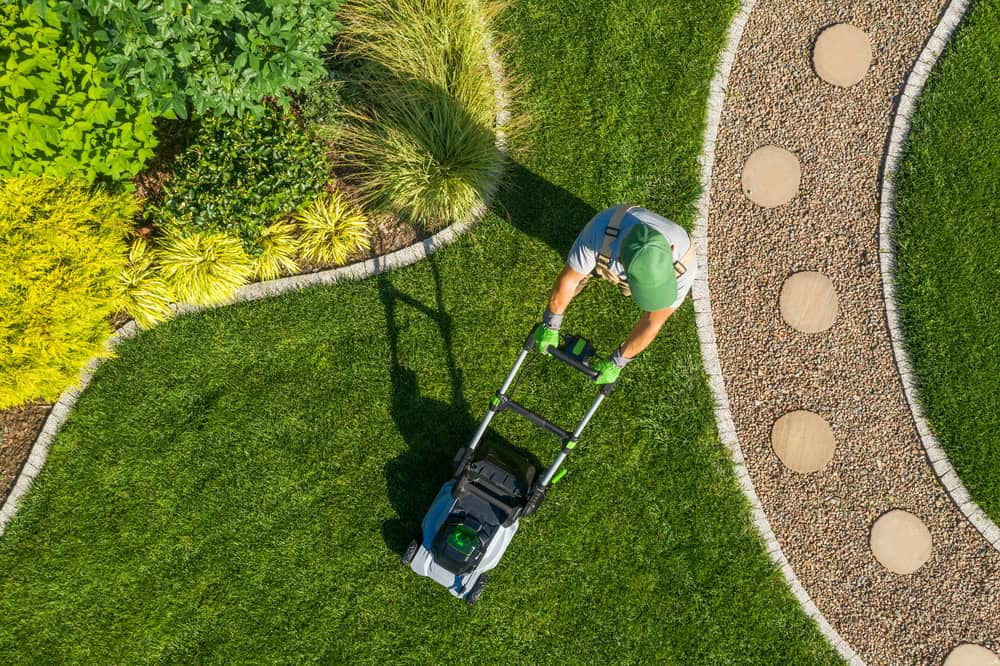 Caucasian Gardener Mowing Backyard Garden Grass Using Cordless Electric Grass Mower. Aerial View. Gardening and Landscaping Industry.